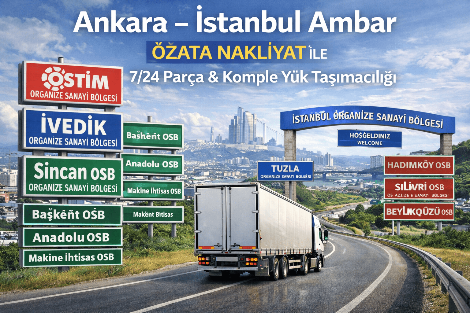 Ankara ve İstanbul arasındaki Özata Nakliyat 7/24 parça ve komple yük taşımacılığı hizmetini gösteren kamyon görseli, Ankara ve İstanbul sanayi bölgeleri işaretli.